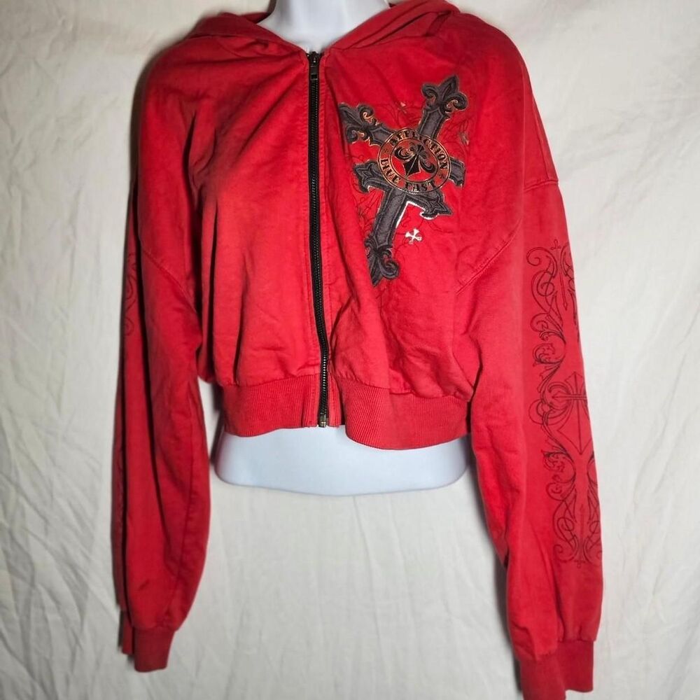 red affliction emo grunge cross wings cropped hoodie
